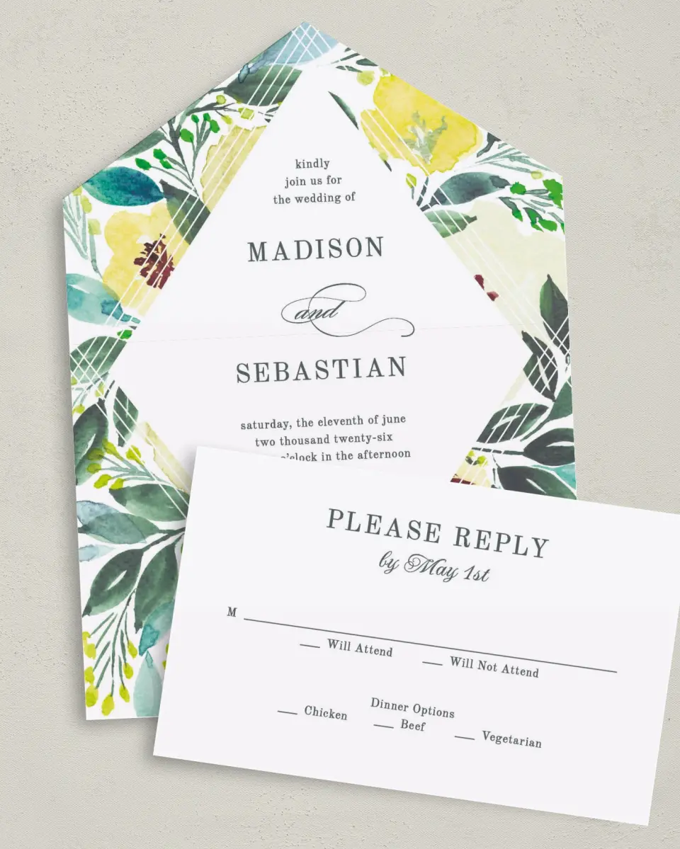 This is a 6" x 4½" All-in-One Wedding Invitation called Bold Blooms printed in full color on Premium Smooth paper
