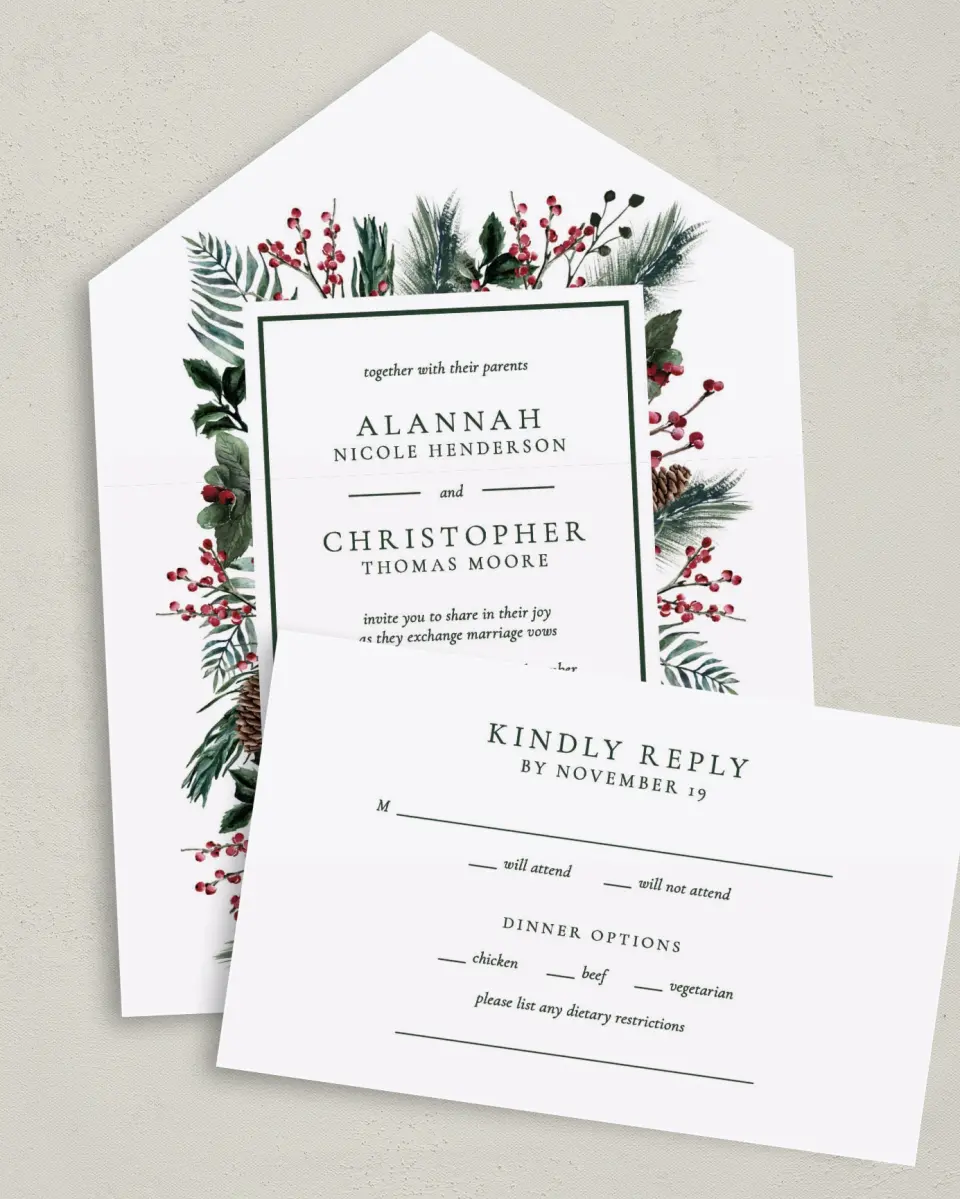 This is a 6" x 4½" All-in-One Wedding Invitation called Festive Celebration printed in full color on Premium Smooth paper