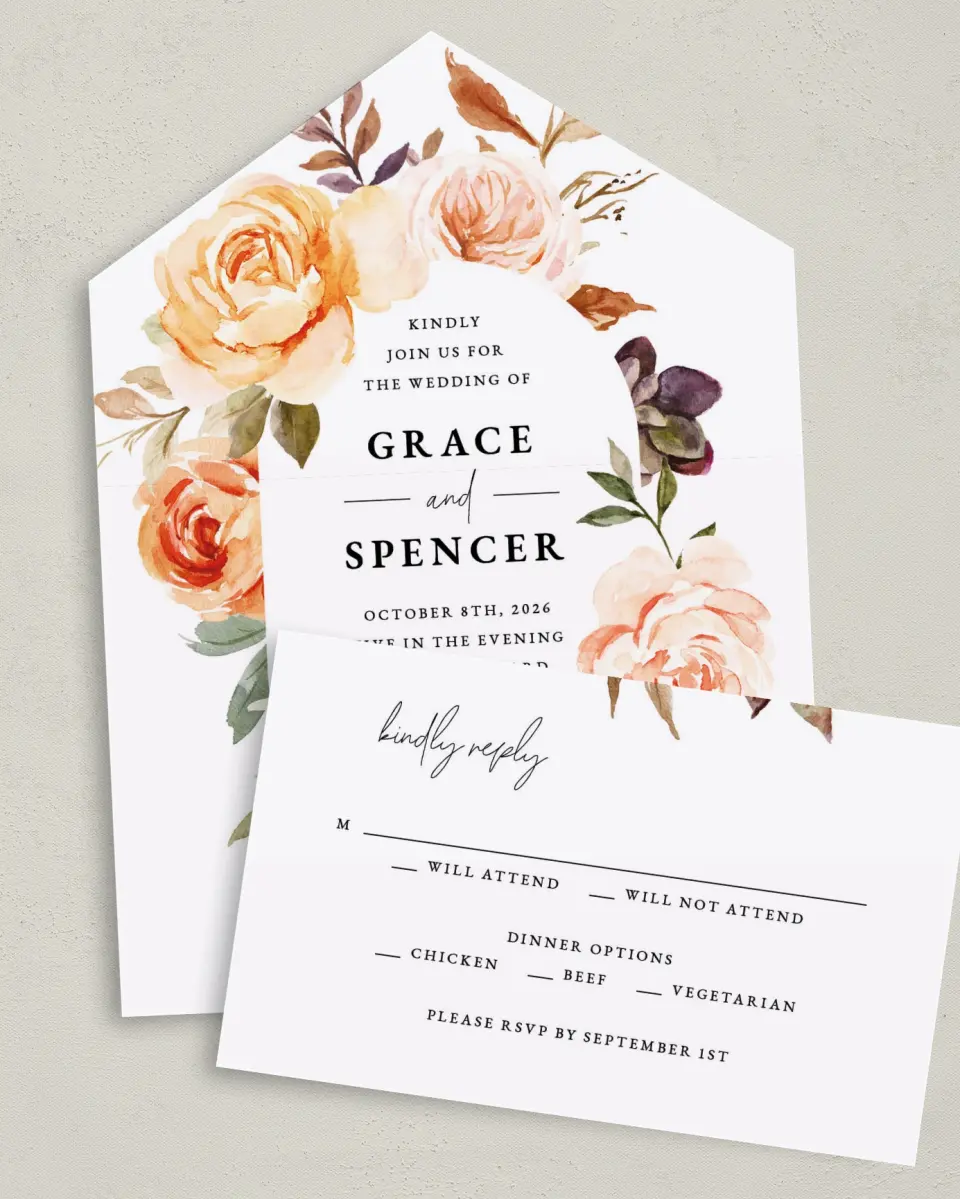 This is a 6" x 4½" All-in-One Wedding Invitation called Romantic Garden printed in full color on Premium Smooth paper