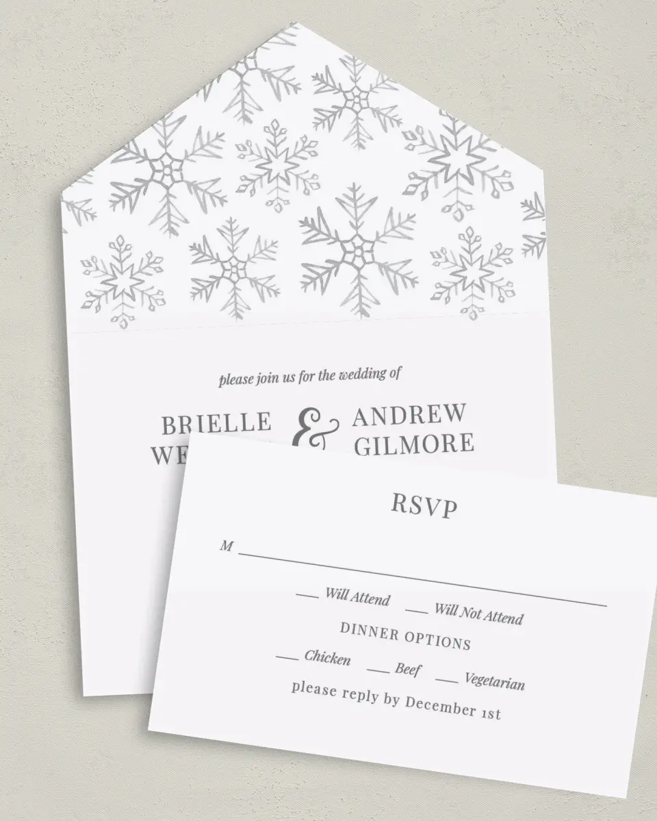 This is a 6" x 4½" All-in-One Wedding Invitation called Sweet Snowflakes printed in full color on Premium Smooth paper