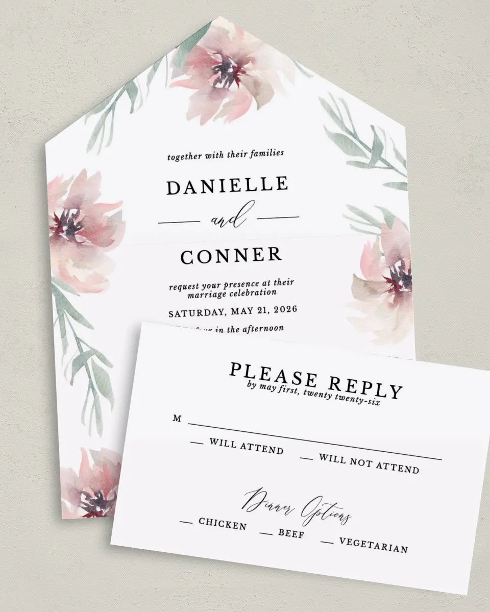 This is a 6" x 4½" All-in-One Wedding Invitation called Soft Florals printed in full color on Premium Smooth paper
