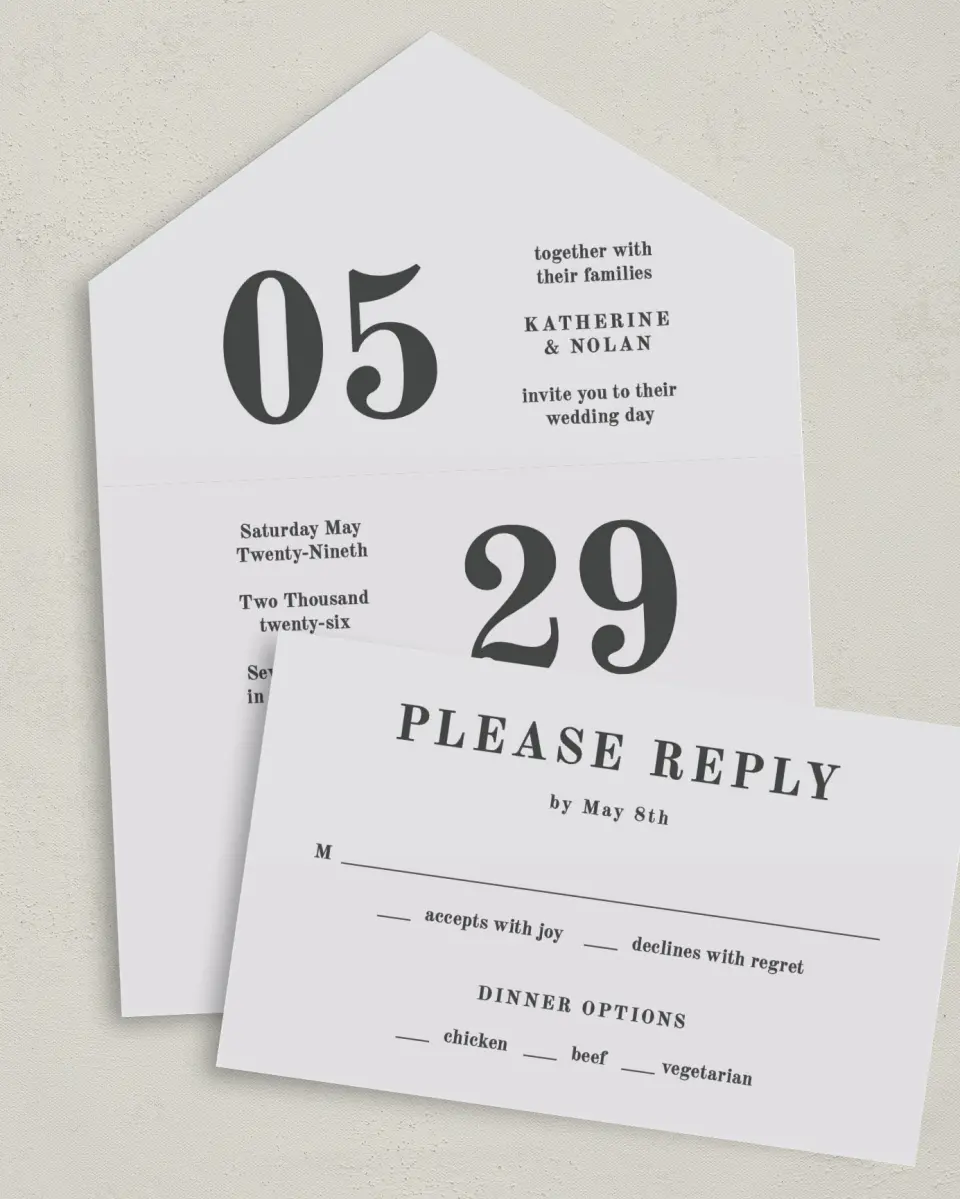This is a 6" x 4½" All-in-One Wedding Invitation called Glory Day printed in full color on Premium Smooth paper
