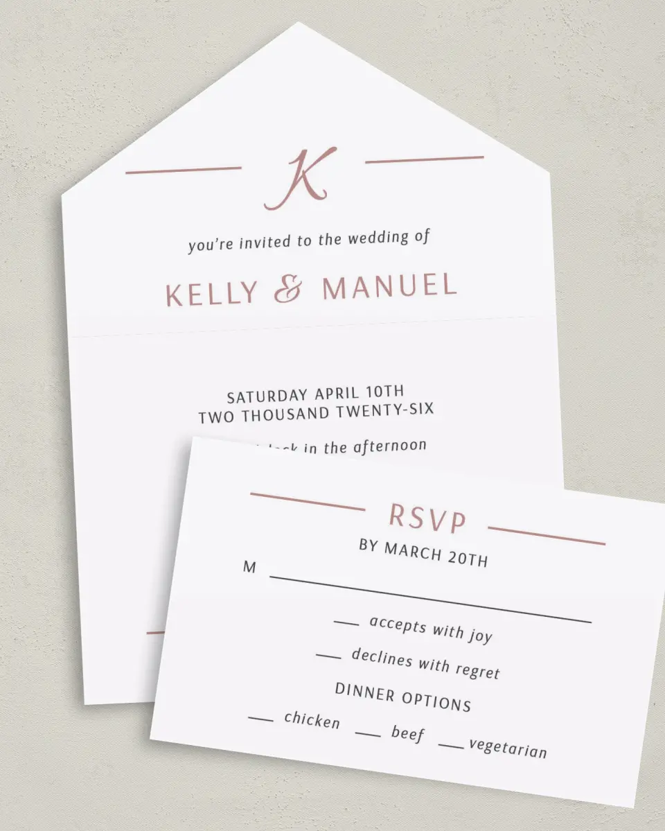 This is a 6" x 4½" All-in-One Wedding Invitation called Expansive Line printed in full color on Premium Smooth paper