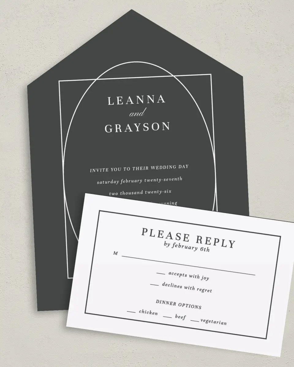 This is a 6" x 4½" All-in-One Wedding Invitation called Graphic Enclosure printed in full color on Premium Smooth paper