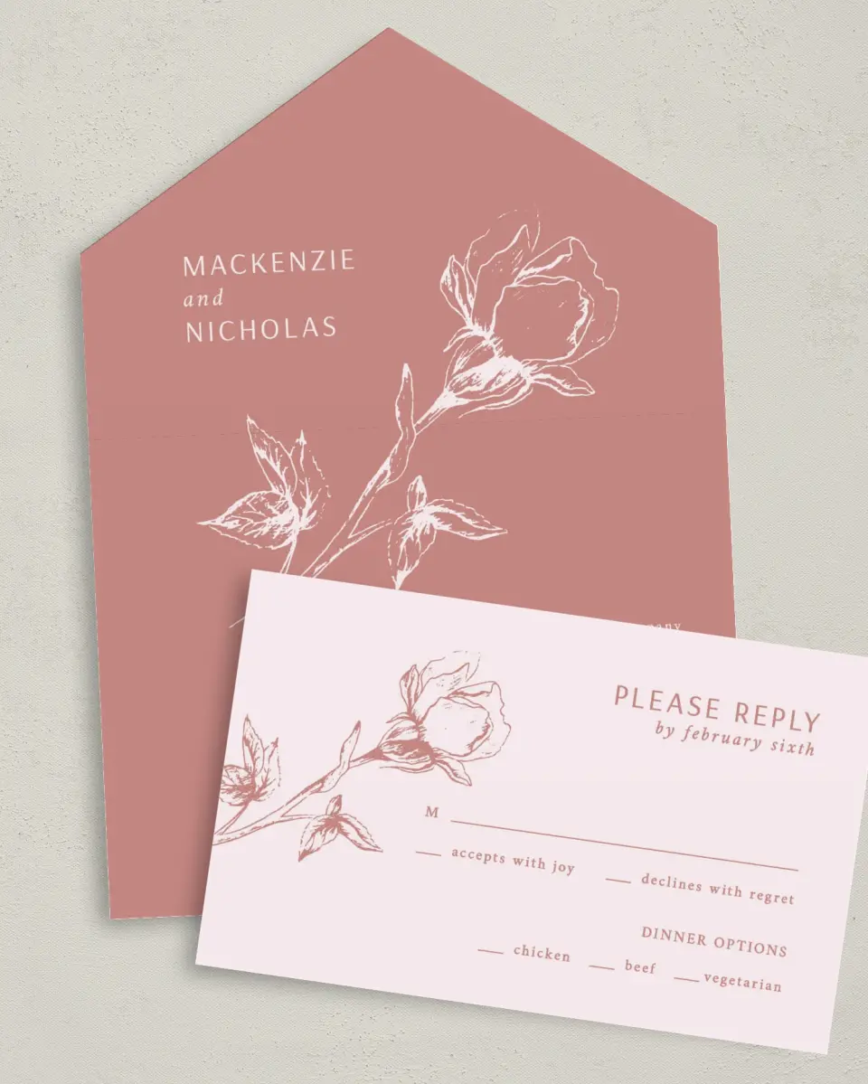 This is a 6" x 4½" All-in-One Wedding Invitation called Blooming Bud printed in full color on Premium Smooth paper