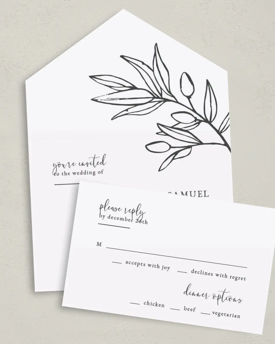 This is a 6" x 4½" All-in-One Wedding Invitation called Branch Sketch printed in full color on Premium Smooth paper