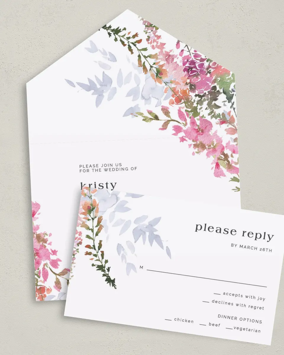 This is a 6" x 4½" All-in-One Wedding Invitation called Blushing Bouquet printed in full color on Premium Smooth paper