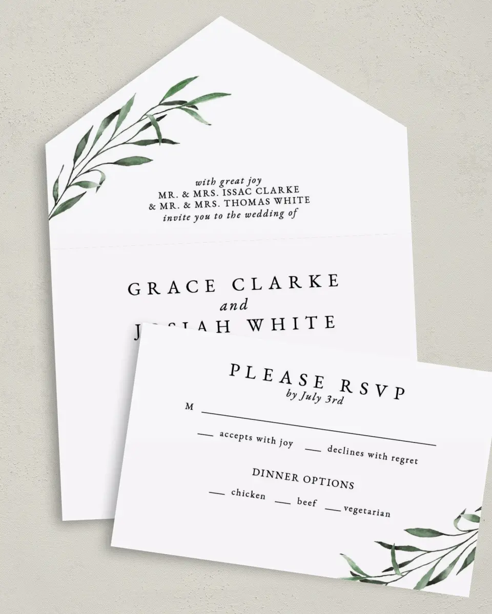 This is a 6" x 4½" All-in-One Wedding Invitation called Tender Twig printed in full color on Premium Smooth paper