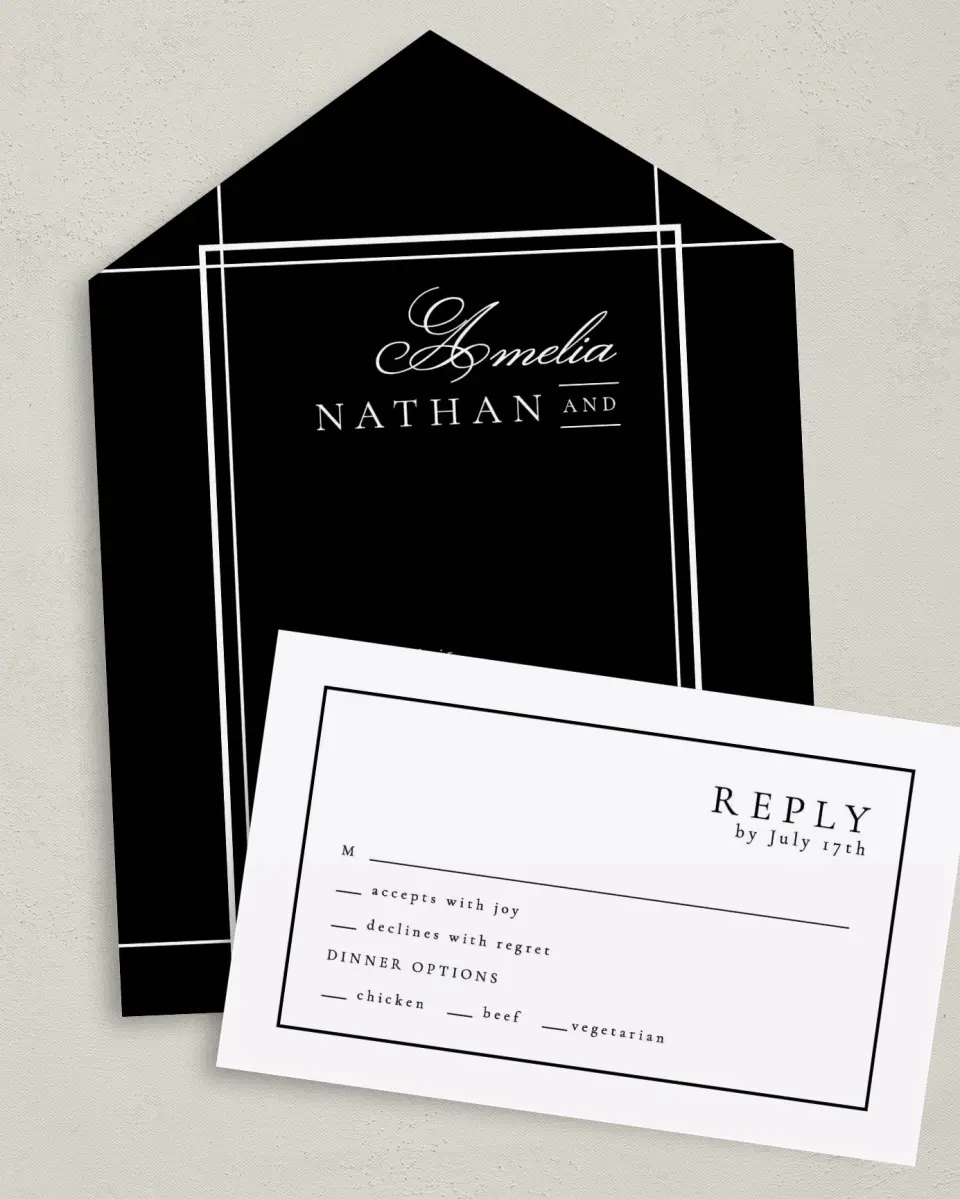 This is a 6" x 4½" All-in-One Wedding Invitation called Modern Trim printed in full color on Premium Smooth paper