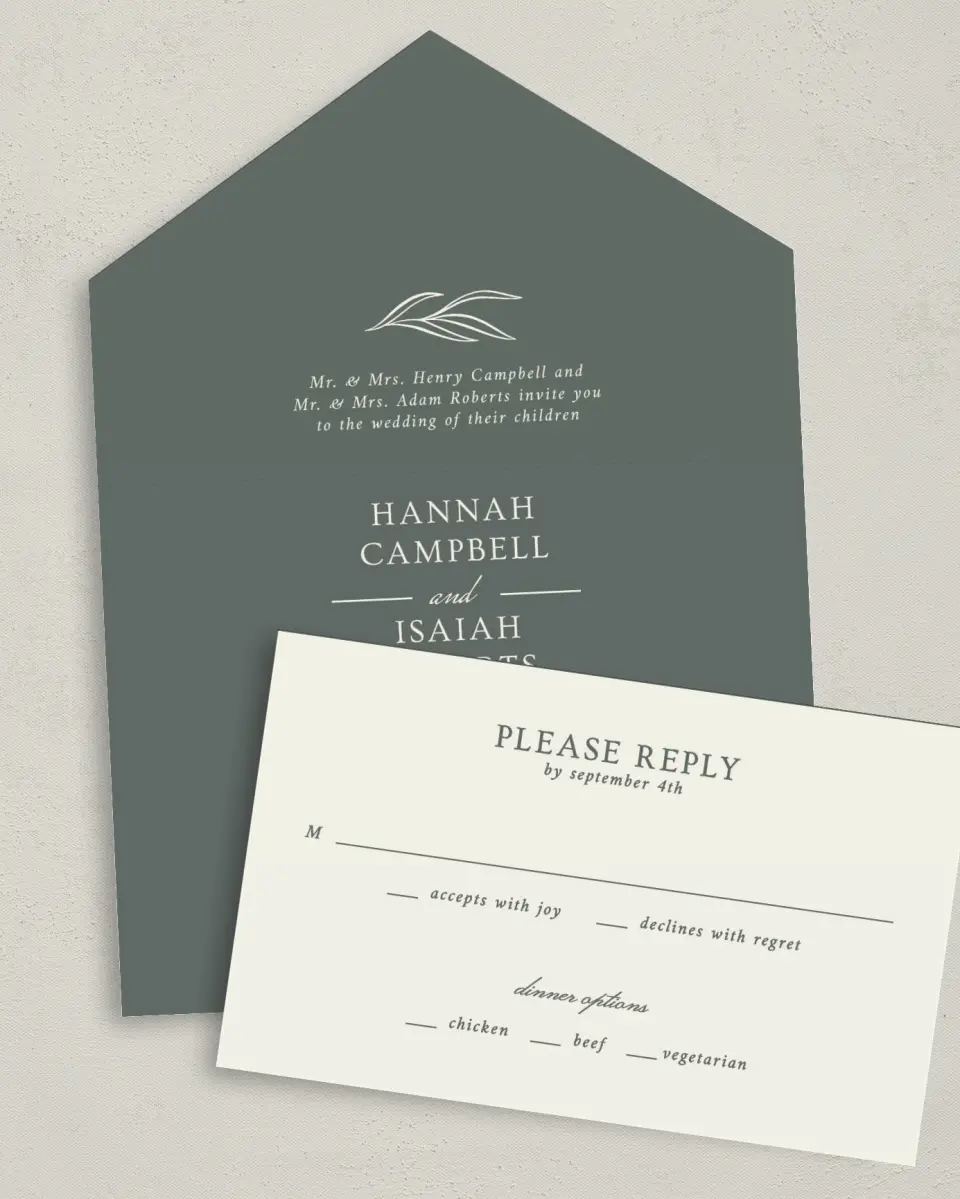 This is a 6" x 4½" All-in-One Wedding Invitation called Whisper Twig printed in full color on Premium Smooth paper
