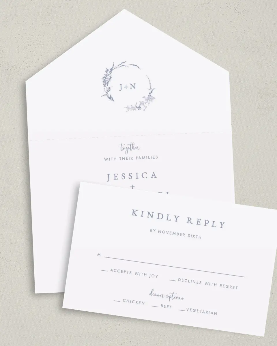 This is a 6" x 4½" All-in-One Wedding Invitation called Dainty Wreath printed in full color on Premium Smooth paper