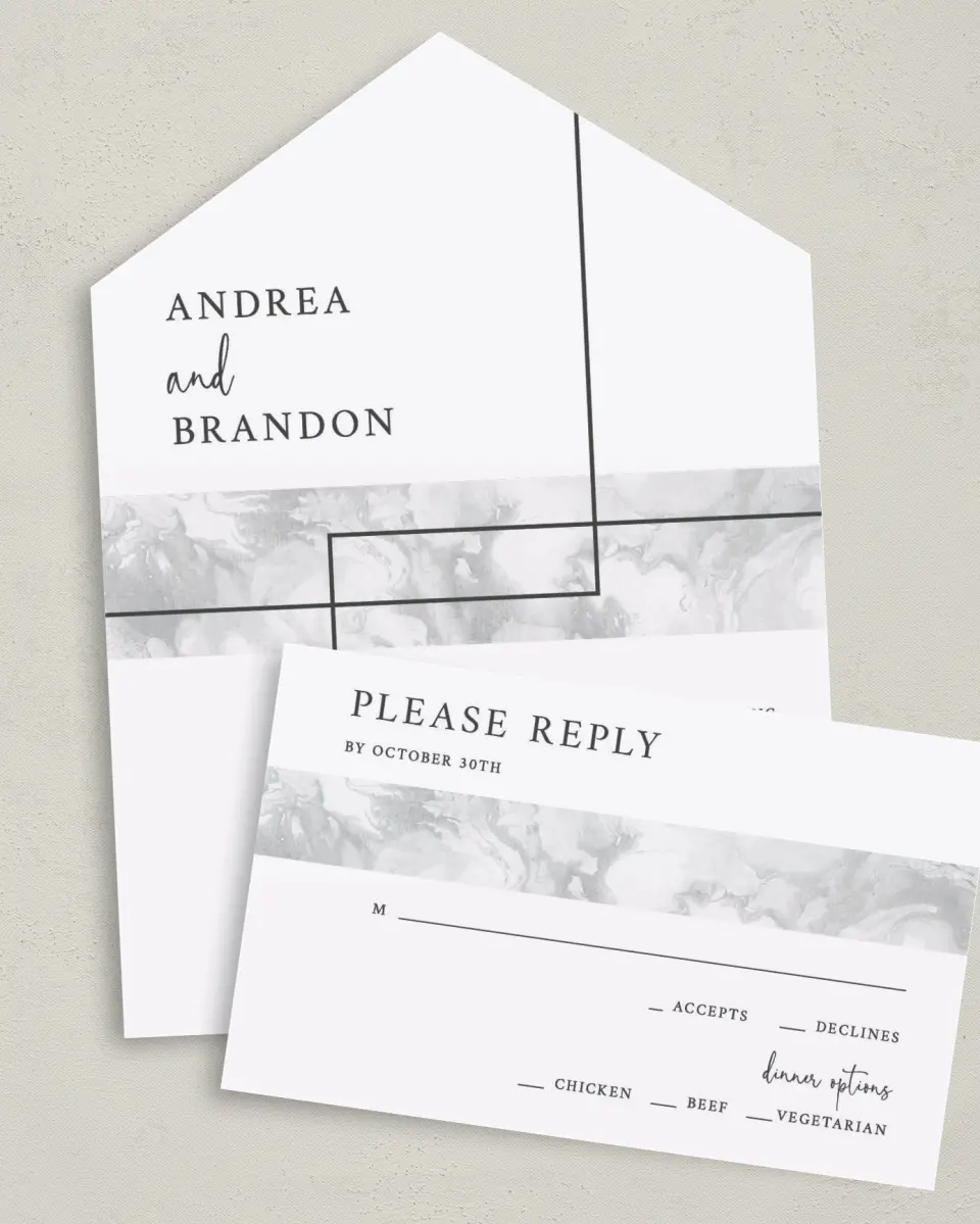 This is a 6" x 4½" All-in-One Wedding Invitation called Joined Lines printed in full color on Premium Smooth paper