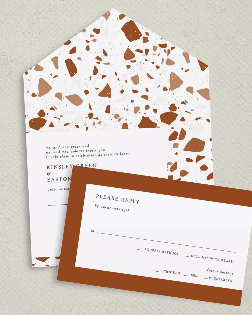This is a 6" x 4½" All-in-One Wedding Invitation called Cornerstone of Love printed in full color on Premium Smooth paper