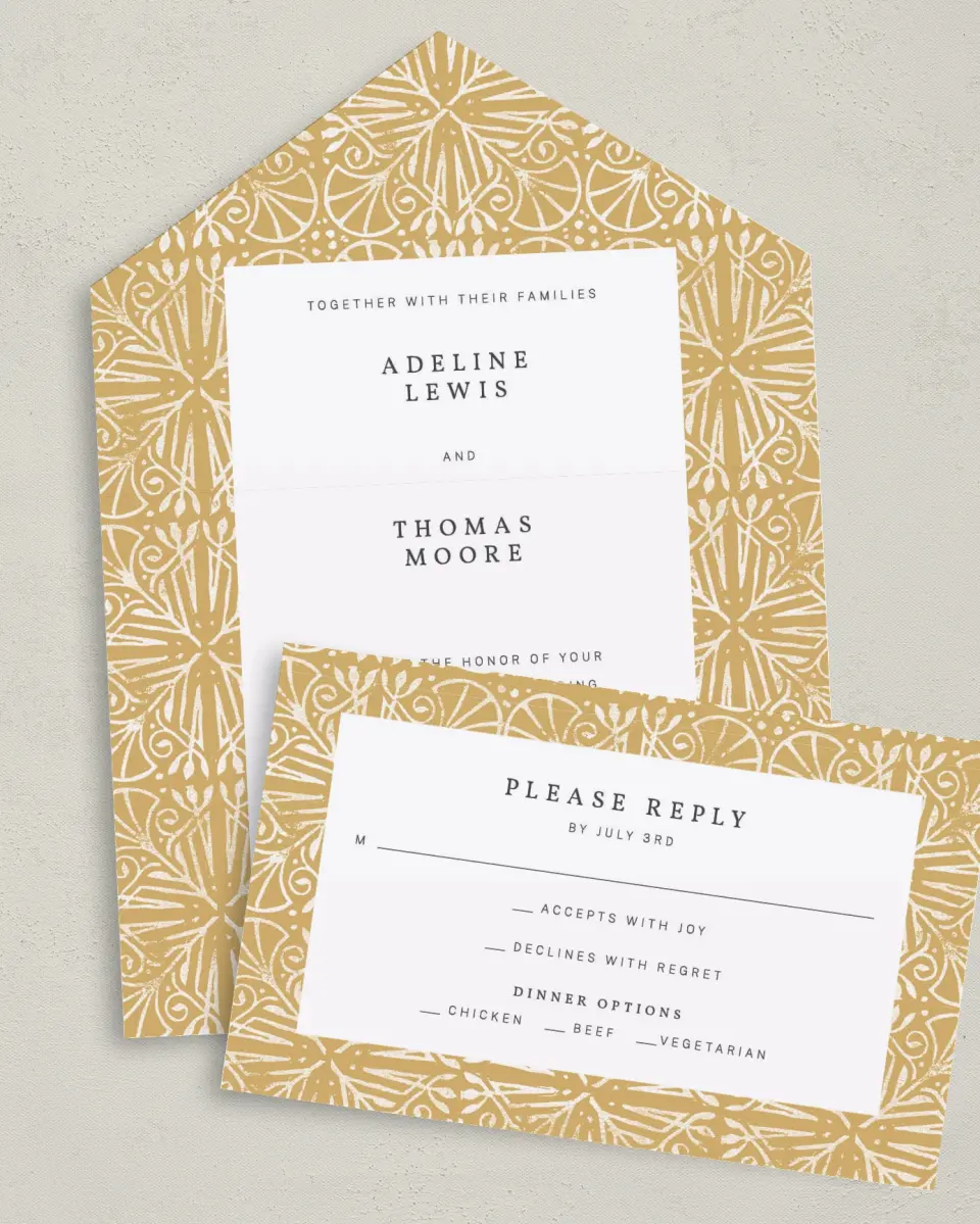This is a 6" x 4½" All-in-One Wedding Invitation called Decorated Luxury printed in full color on Premium Smooth paper