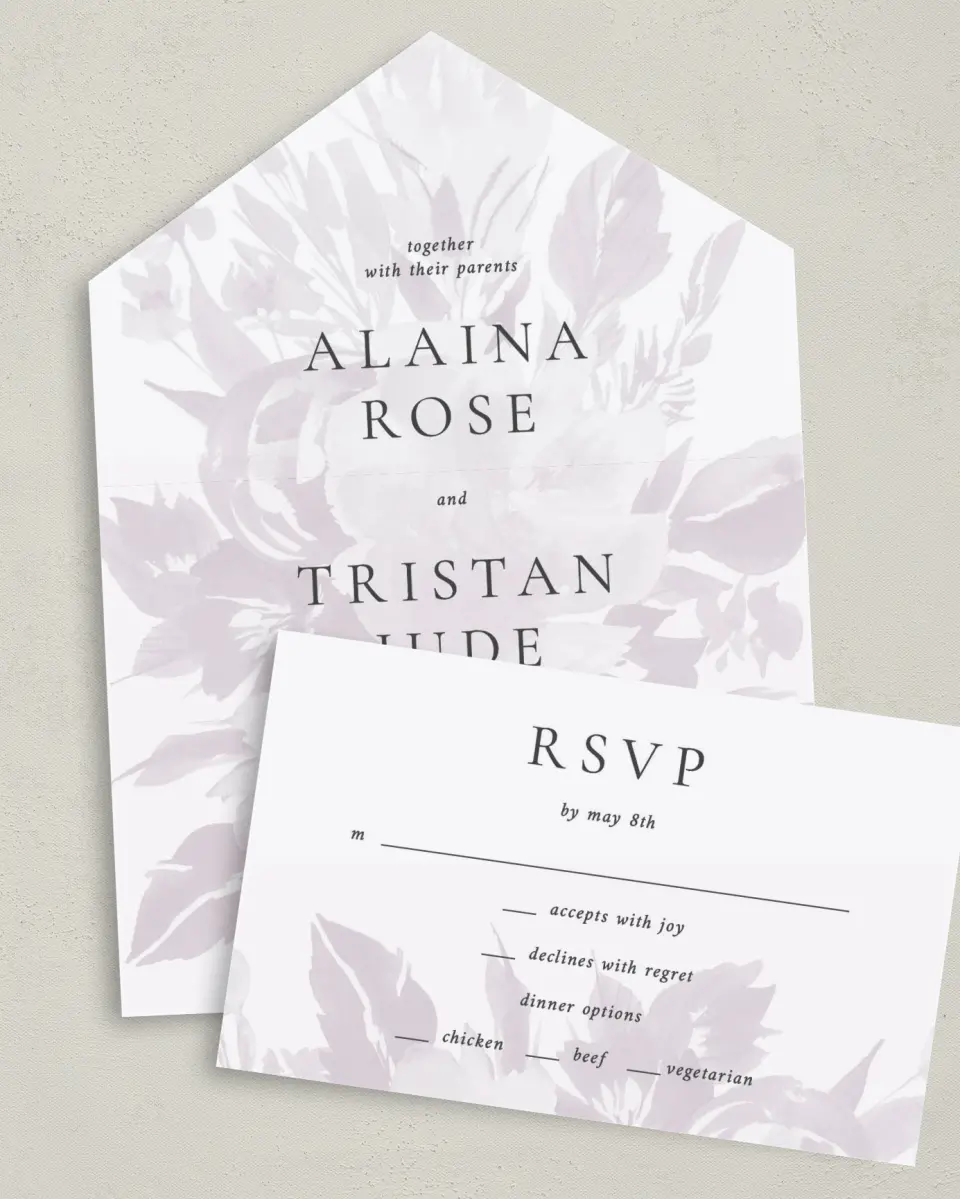 This is a 6" x 4½" All-in-One Wedding Invitation called Floral Burst printed in full color on Premium Smooth paper