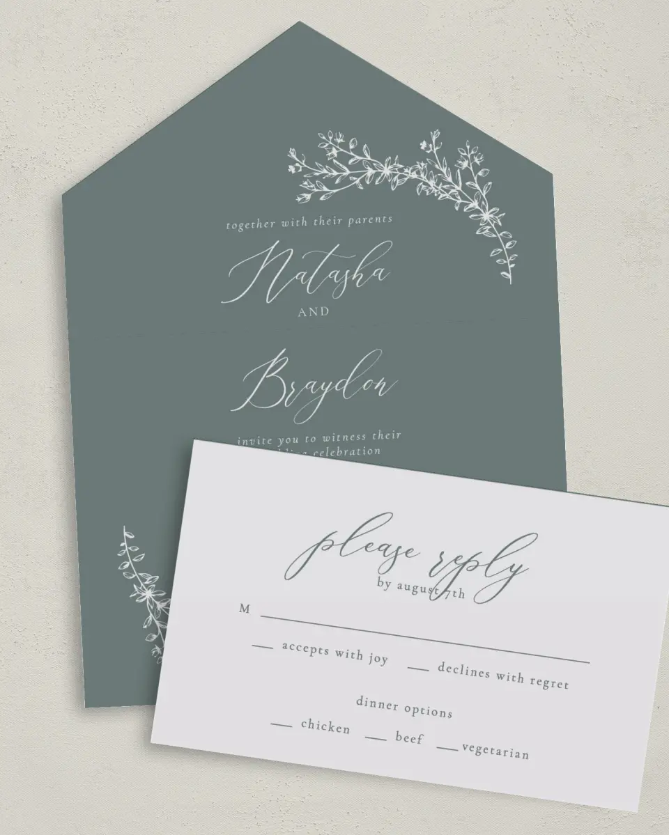 This is a 6" x 4½" All-in-One Wedding Invitation called Timeless Order printed in full color on Premium Smooth paper