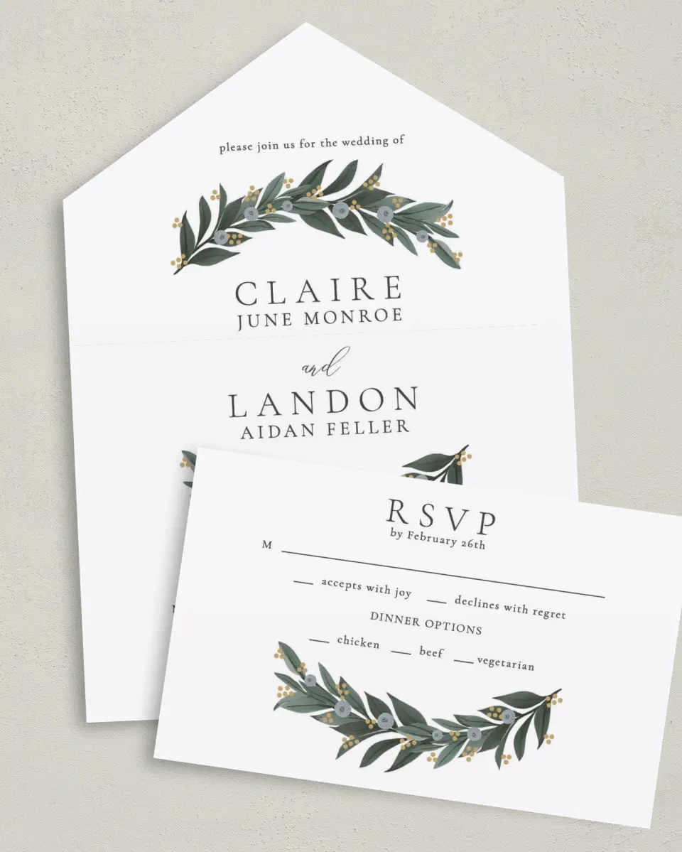 This is a 6" x 4½" All-in-One Wedding Invitation called Majestic Love printed in full color on Premium Smooth paper