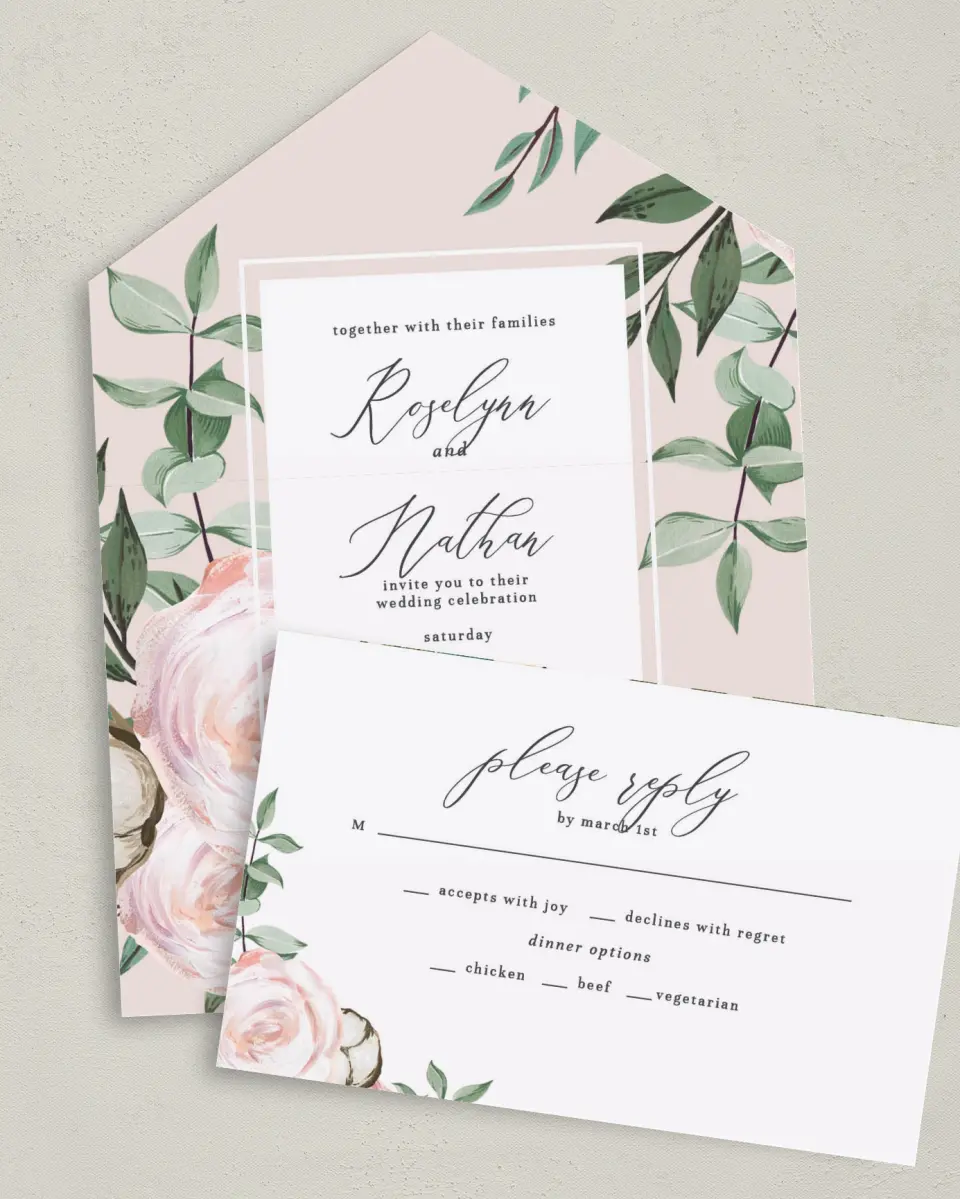 This is a 6" x 4½" All-in-One Wedding Invitation called Soft Rose printed in full color on Premium Smooth paper