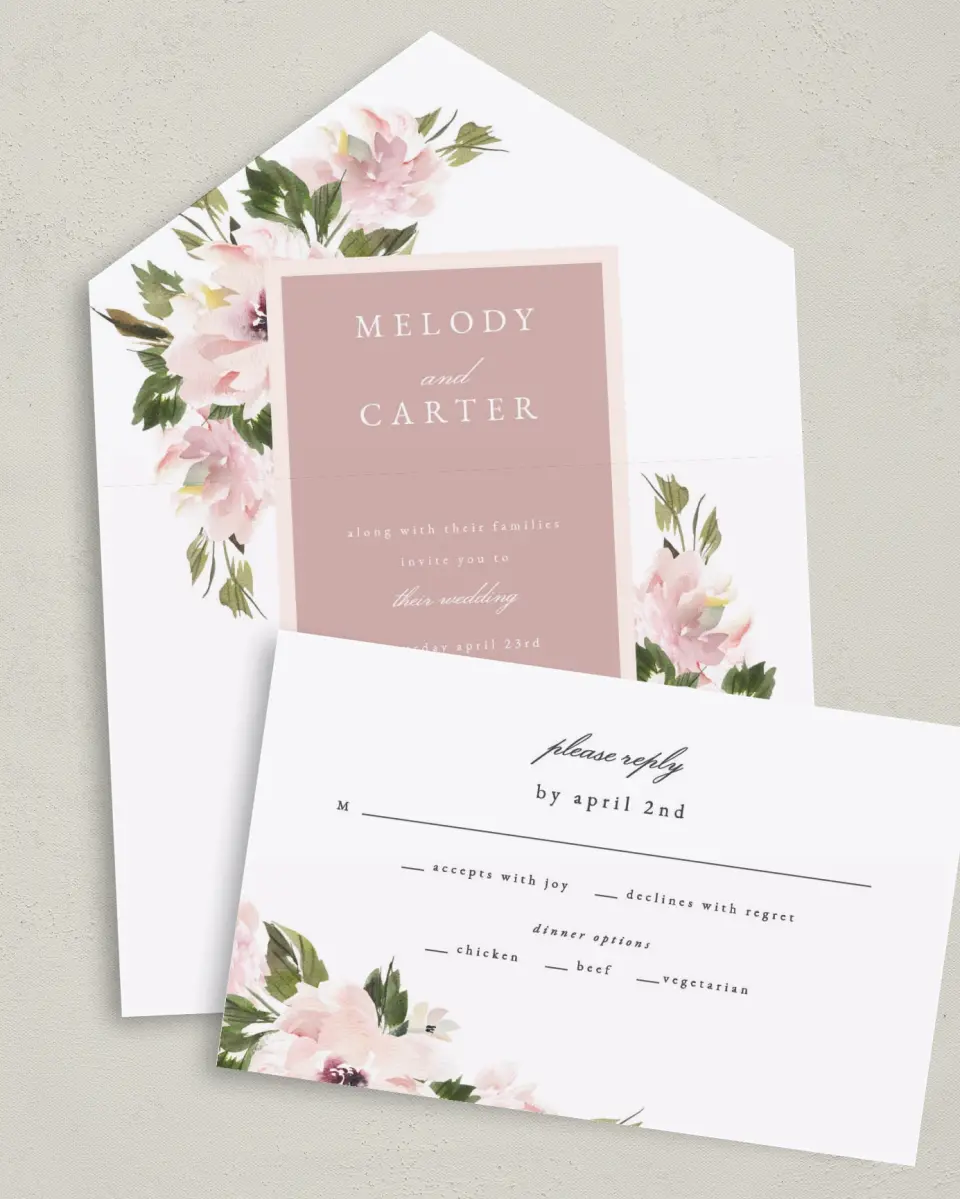 This is a 6" x 4½" All-in-One Wedding Invitation called Sweet Floral printed in full color on Premium Smooth paper