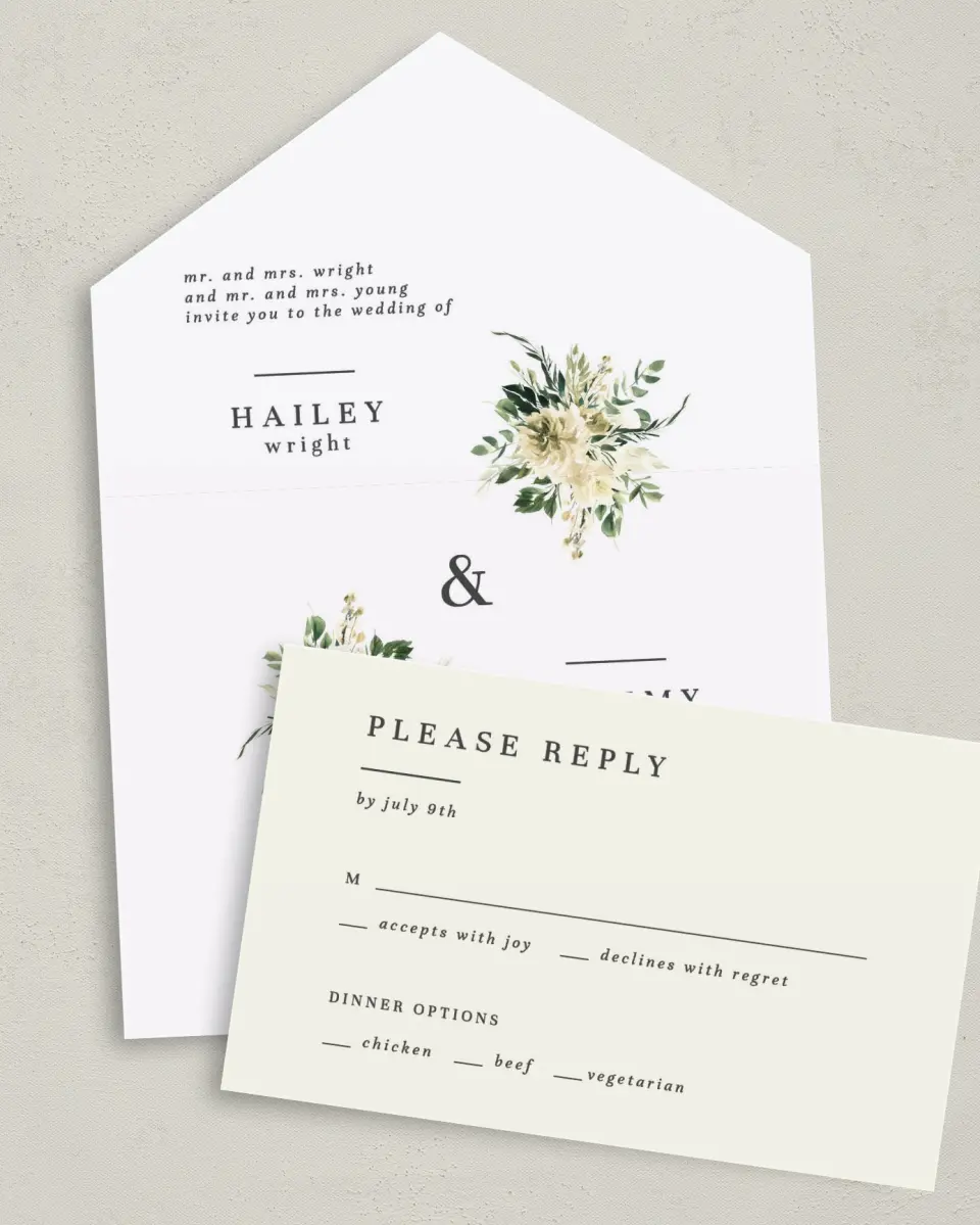 This is a 6" x 4½" All-in-One Wedding Invitation called Honest Bouquet printed in full color on Premium Smooth paper