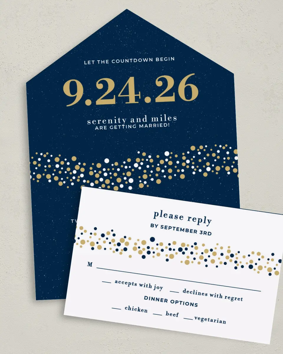 This is a 6" x 4½" All-in-One Wedding Invitation called Modern Countdown printed in full color on Premium Smooth paper