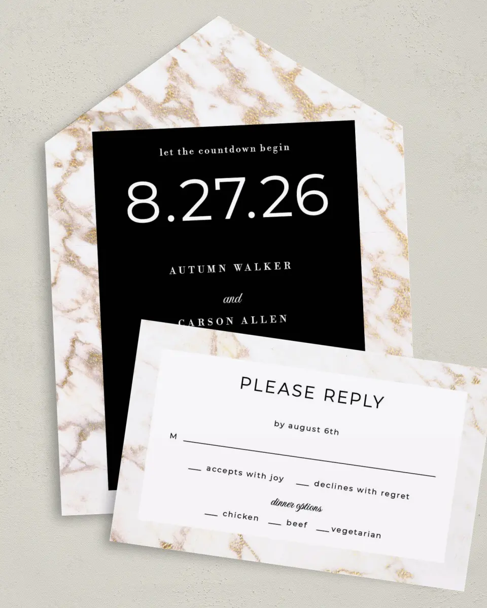 This is a 6" x 4½" All-in-One Wedding Invitation called Classic Count printed in full color on Premium Smooth paper