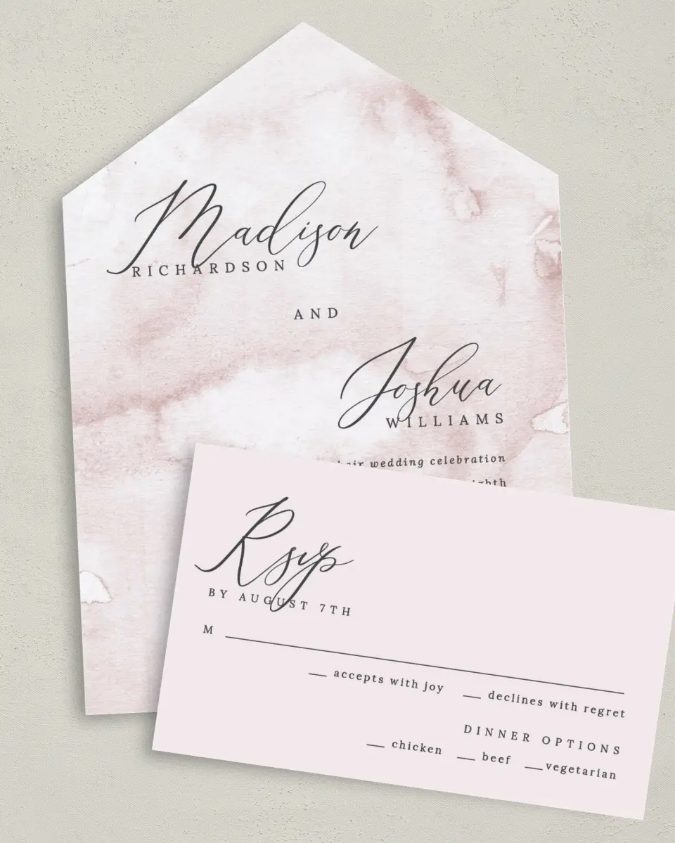 This is a 6" x 4½" All-in-One Wedding Invitation called Gentle Touch printed in full color on Premium Smooth paper