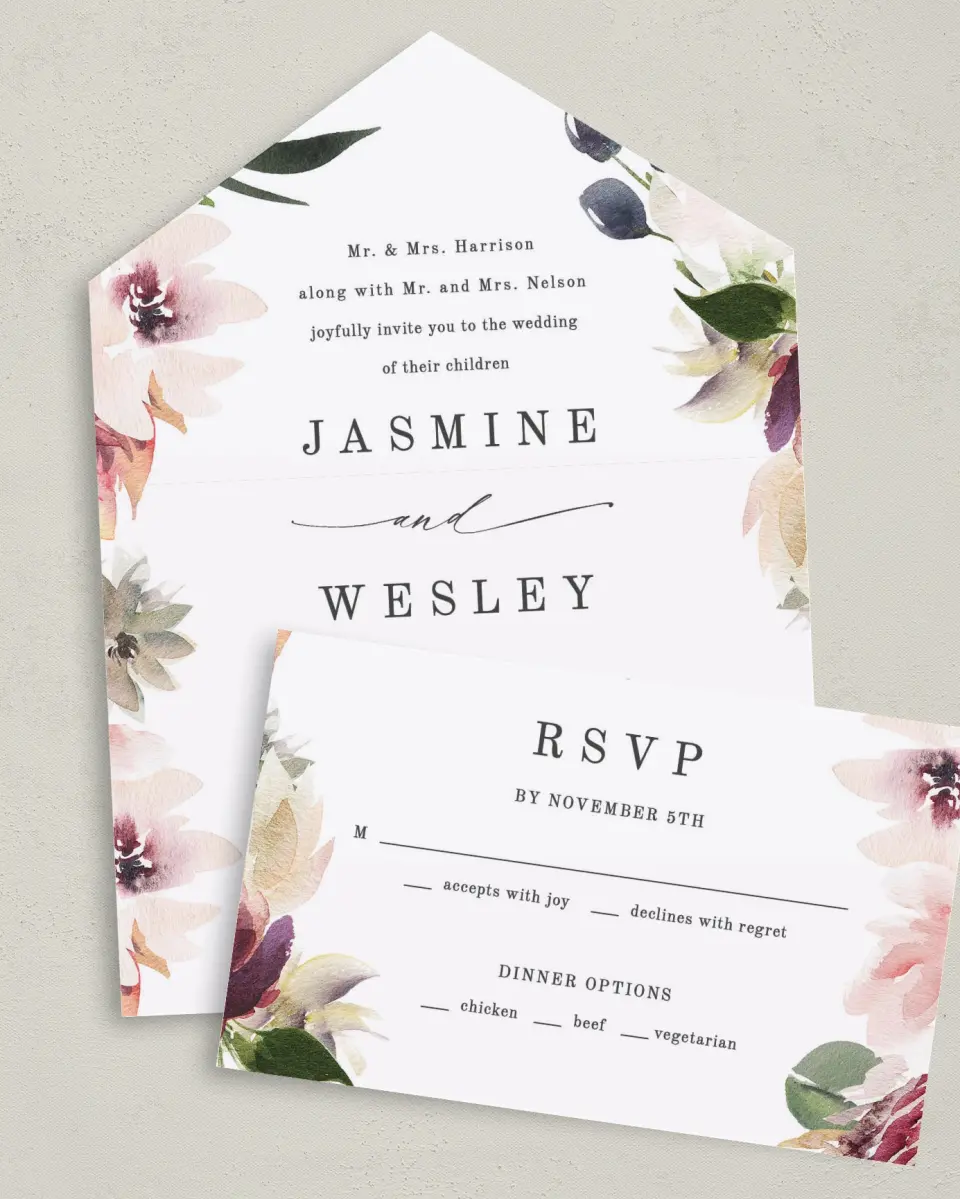 This is a 6" x 4½" All-in-One Wedding Invitation called Natural Floral printed in full color on Premium Smooth paper