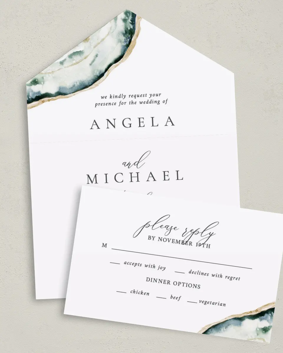 This is a 6" x 4½" All-in-One Wedding Invitation called Rich Structure printed in full color on Premium Smooth paper