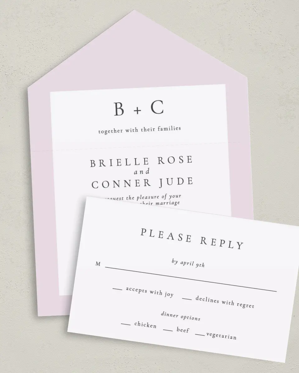This is a 6" x 4½" All-in-One Wedding Invitation called Modest Moment printed in full color on Premium Smooth paper