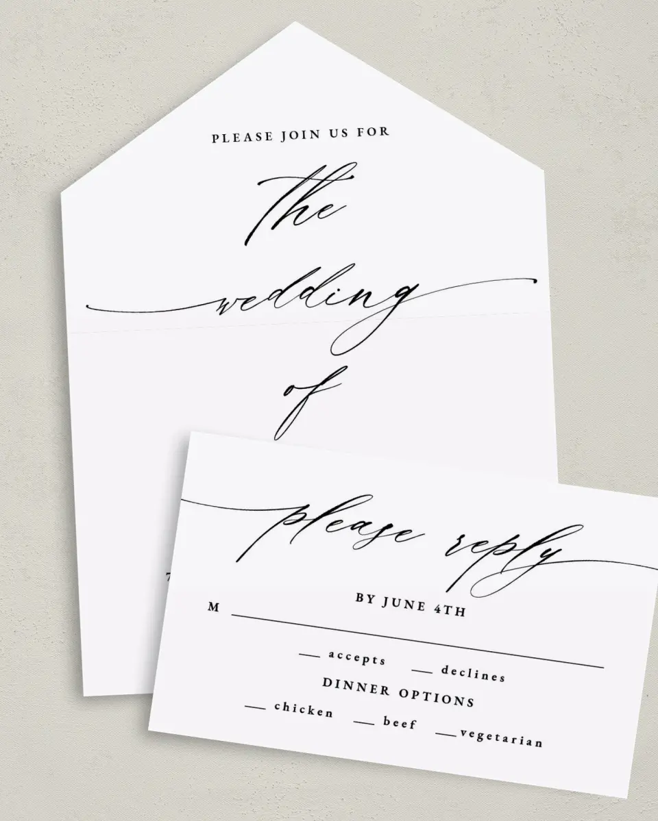 This is a 6" x 4½" All-in-One Wedding Invitation called Simple Drama printed in full color on Premium Smooth paper
