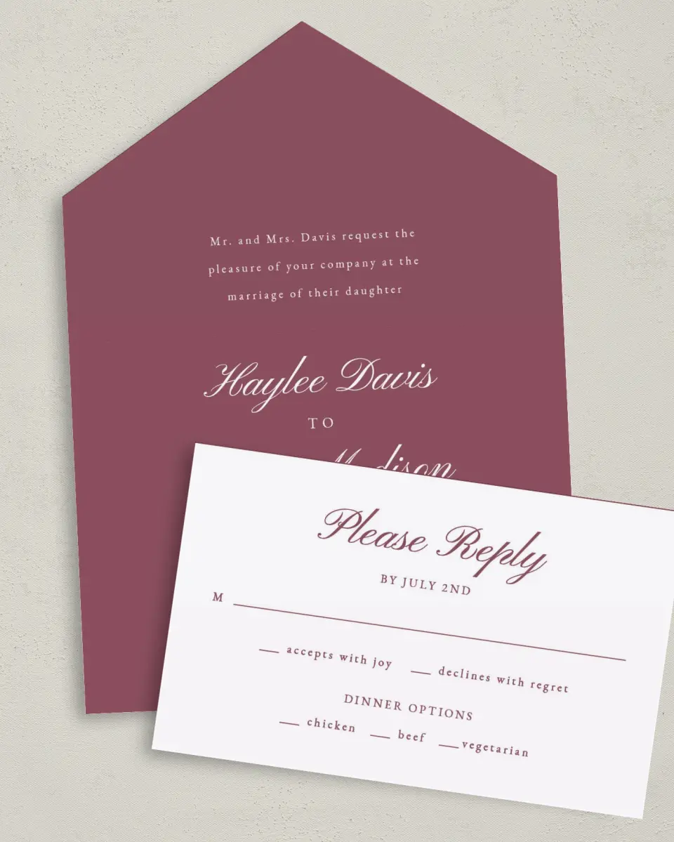 This is a 6" x 4½" All-in-One Wedding Invitation called Quietly Quaint printed in full color on Premium Smooth paper