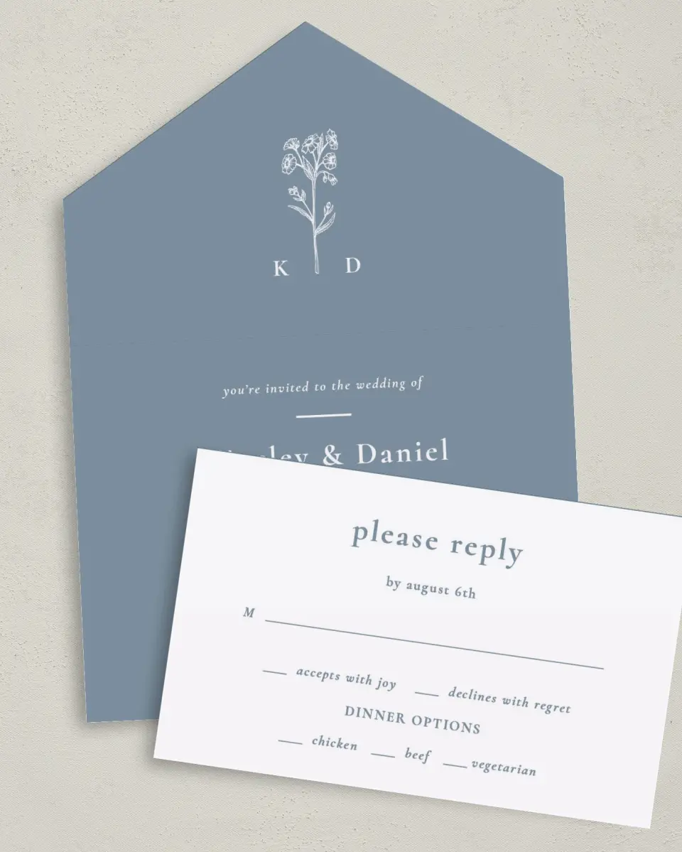 This is a 6" x 4½" All-in-One Wedding Invitation called Fine Floret printed in full color on Premium Smooth paper