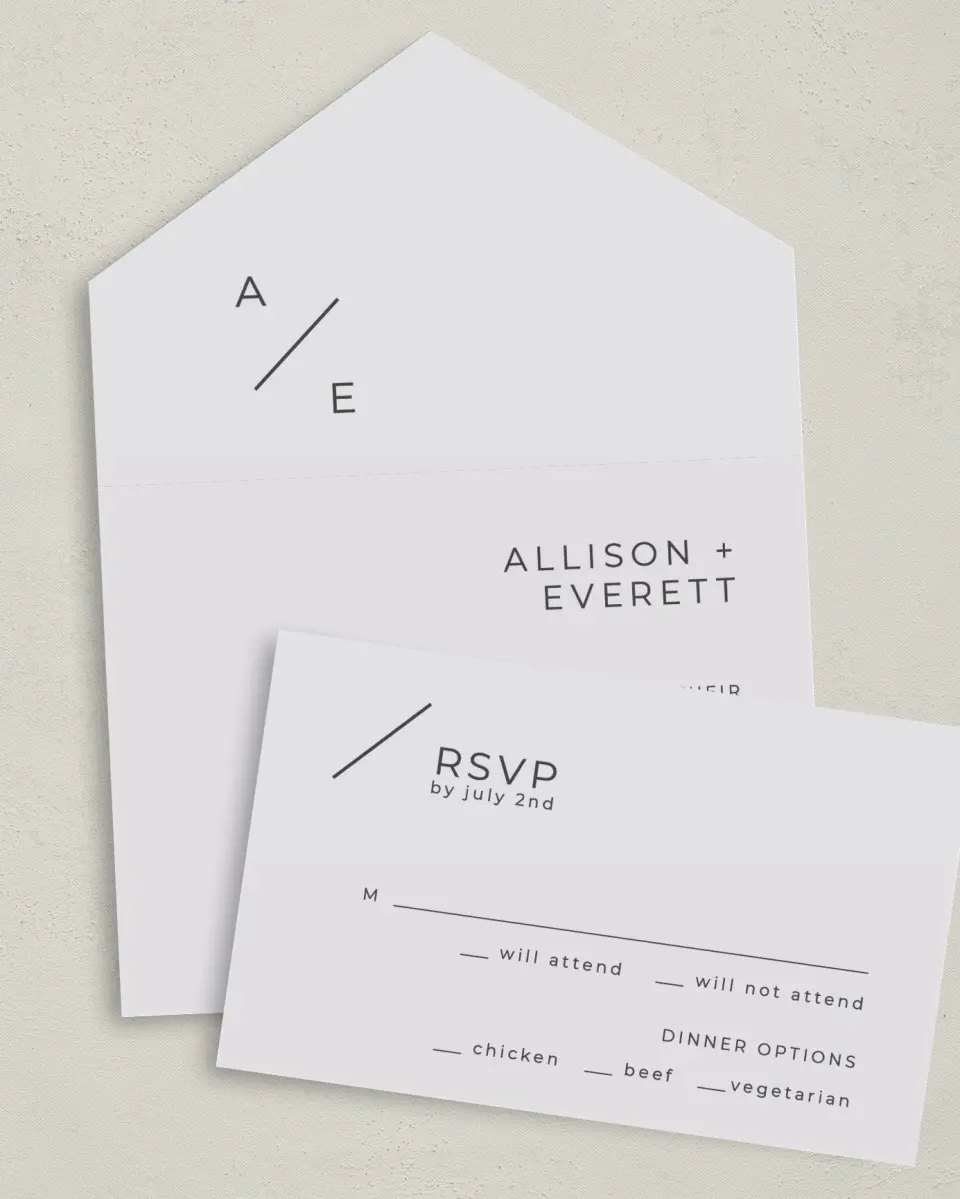 This is a 6" x 4½" All-in-One Wedding Invitation called Initial Hush printed in full color on Premium Smooth paper