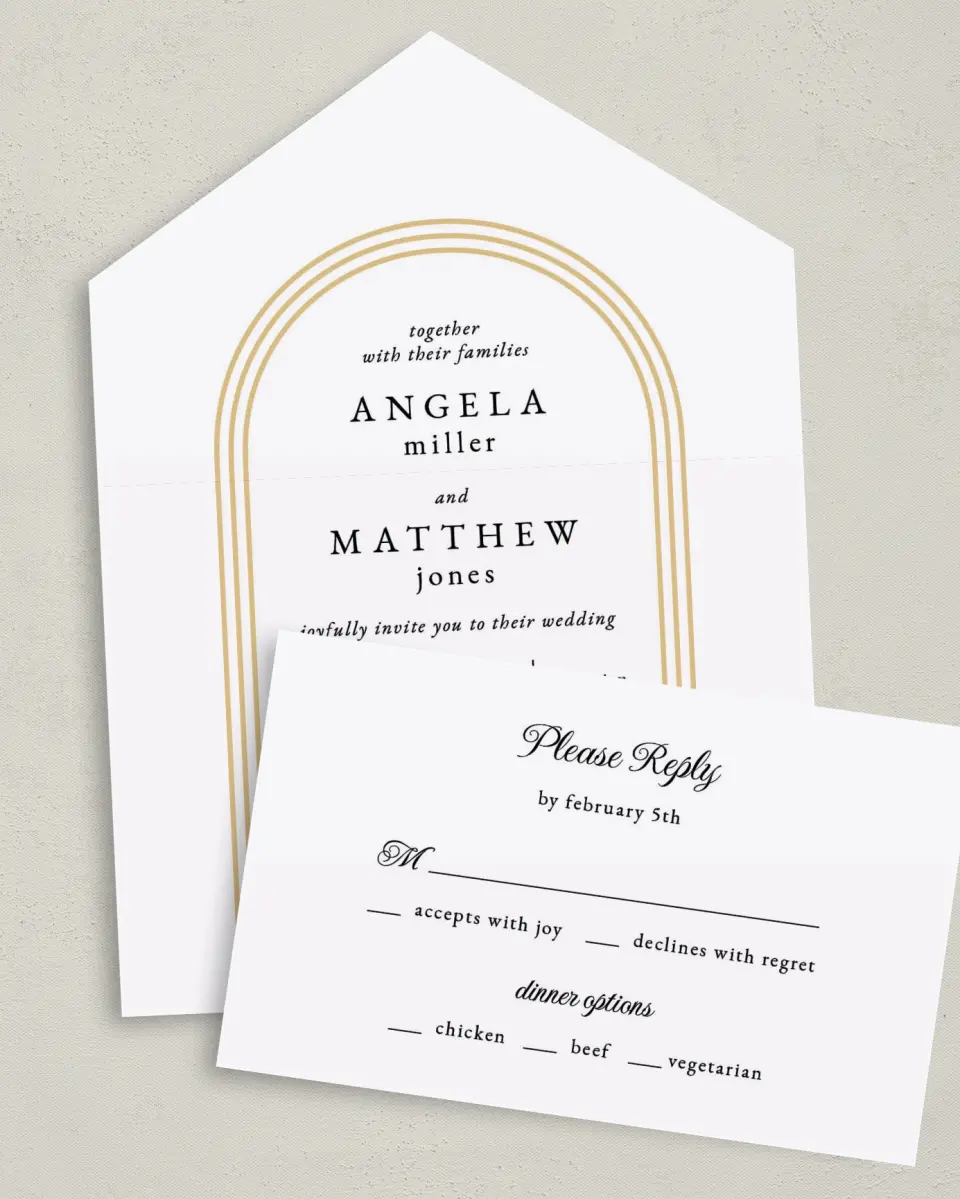 This is a 6" x 4½" All-in-One Wedding Invitation called Charming Arch printed in full color on Premium Smooth paper