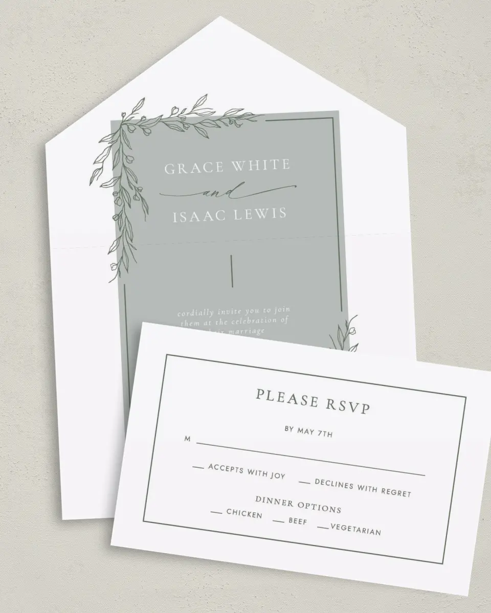This is a 6" x 4½" All-in-One Wedding Invitation called Sweet & Neat printed in full color on Premium Smooth paper
