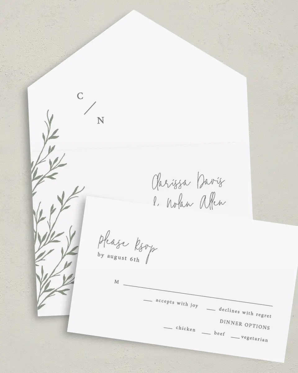 This is a 6" x 4½" All-in-One Wedding Invitation called Bright Greens printed in full color on Premium Smooth paper