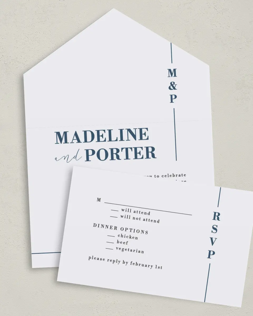 This is a 6" x 4½" All-in-One Wedding Invitation called For Eternity printed in full color on Premium Smooth paper