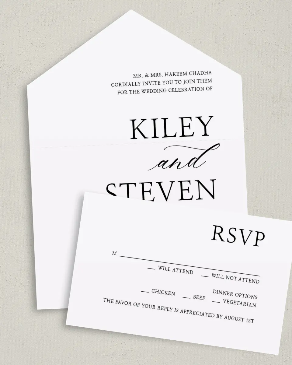 This is a 6" x 4½" All-in-One Wedding Invitation called Bold Composition printed in full color on Premium Smooth paper