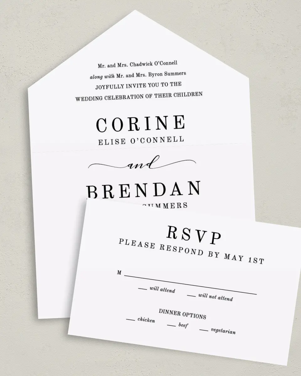 This is a 6" x 4½" All-in-One Wedding Invitation called Classy Type printed in full color on Premium Smooth paper