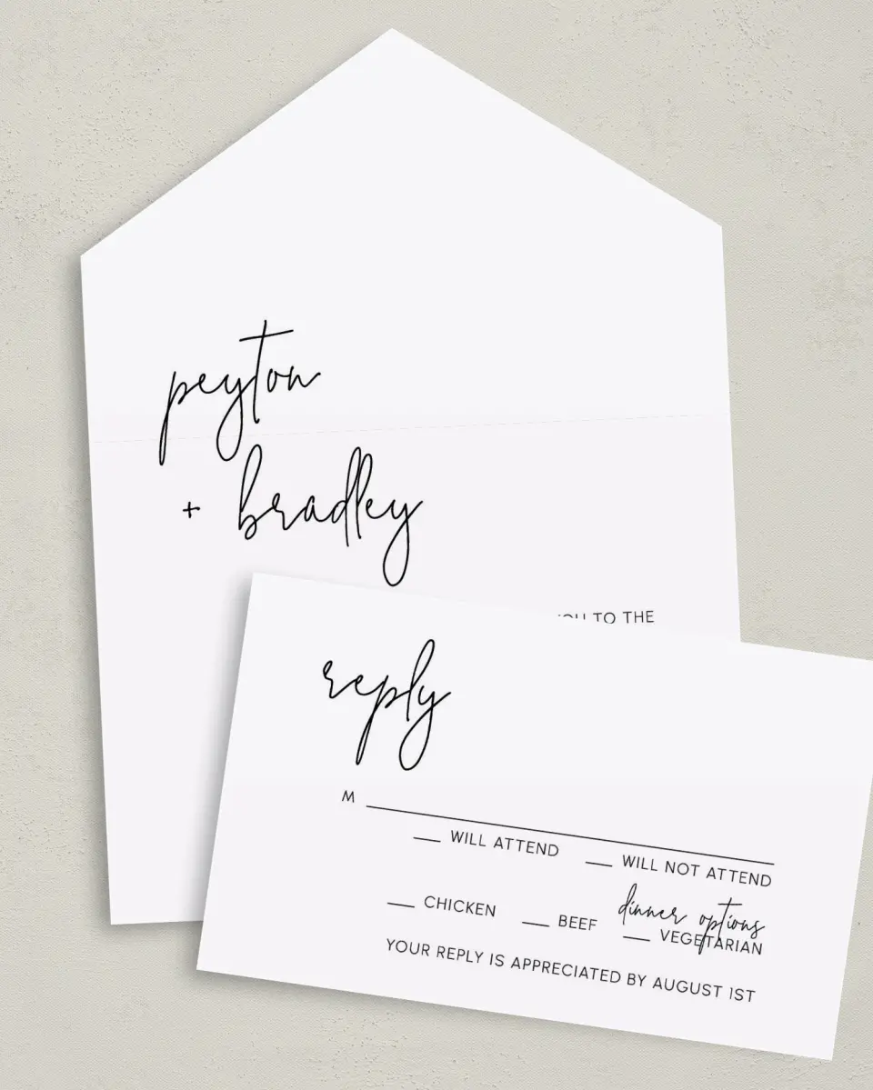 This is a 6" x 4½" All-in-One Wedding Invitation called Mod Aesthetic printed in full color on Premium Smooth paper