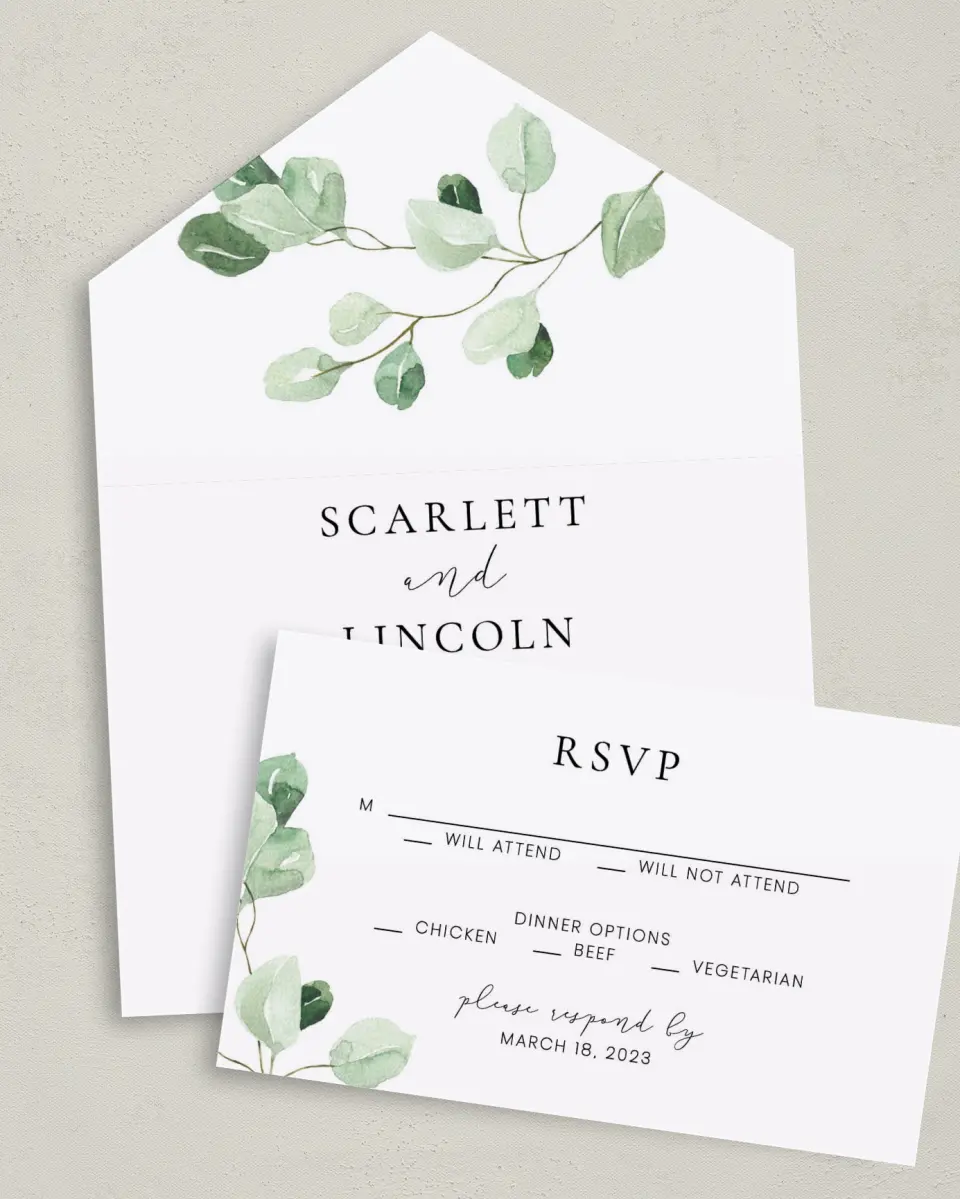This is a 6" x 4½" All-in-One Wedding Invitation called Sweet Greenery printed in full color on Premium Smooth paper