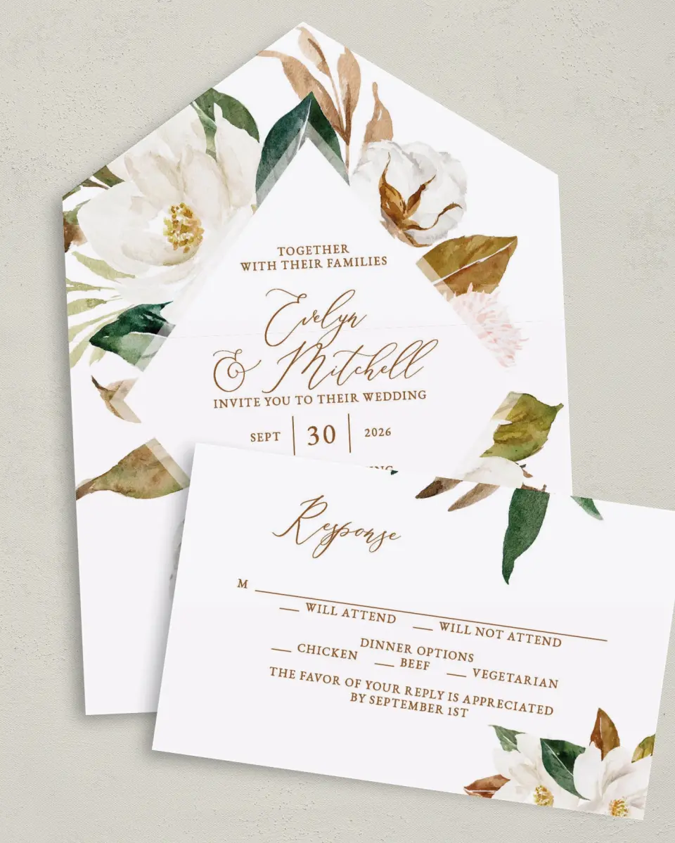 This is a 6" x 4½" All-in-One Wedding Invitation called Soft Magnolia printed in full color on Premium Smooth paper