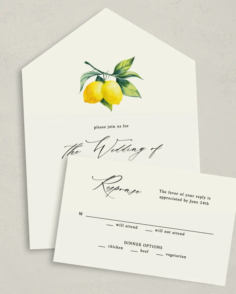 This is a 6" x 4½" All-in-One Wedding Invitation called Antique Lemon printed in full color on Premium Smooth paper