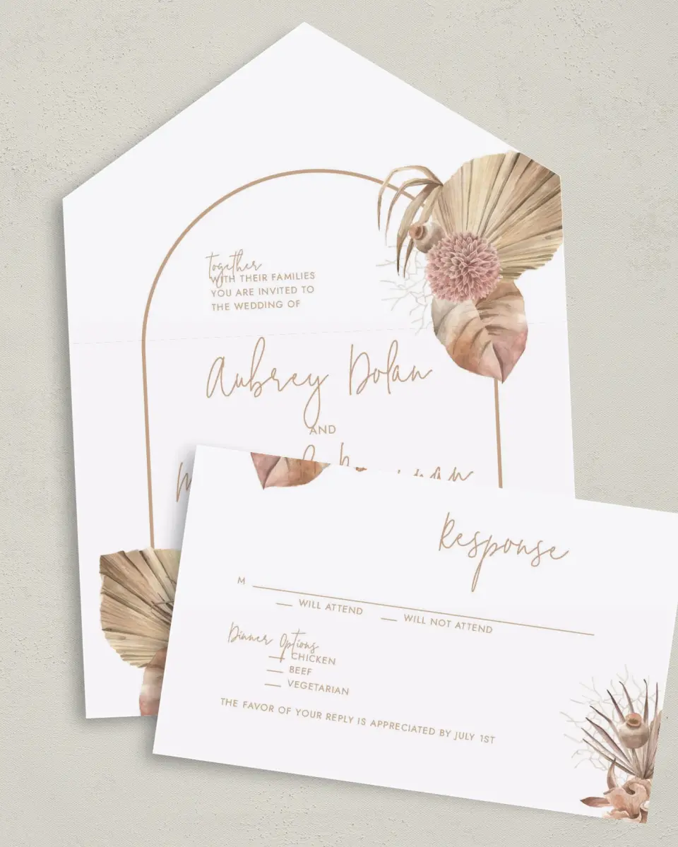 This is a 6" x 4½" All-in-One Wedding Invitation called Boho Blooms printed in full color on Premium Smooth paper