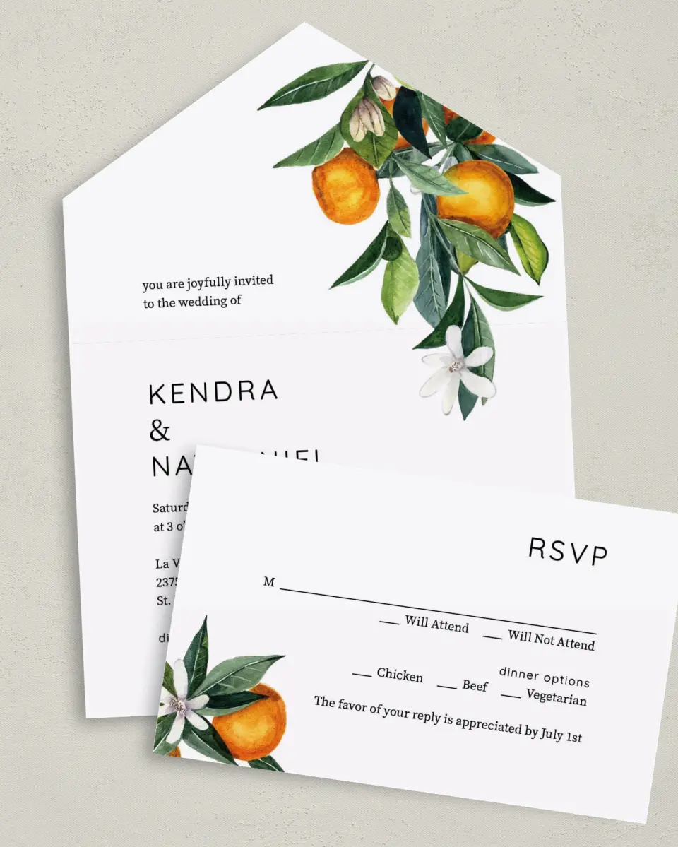 This is a 6" x 4½" All-in-One Wedding Invitation called Mod Citrus printed in full color on Premium Smooth paper