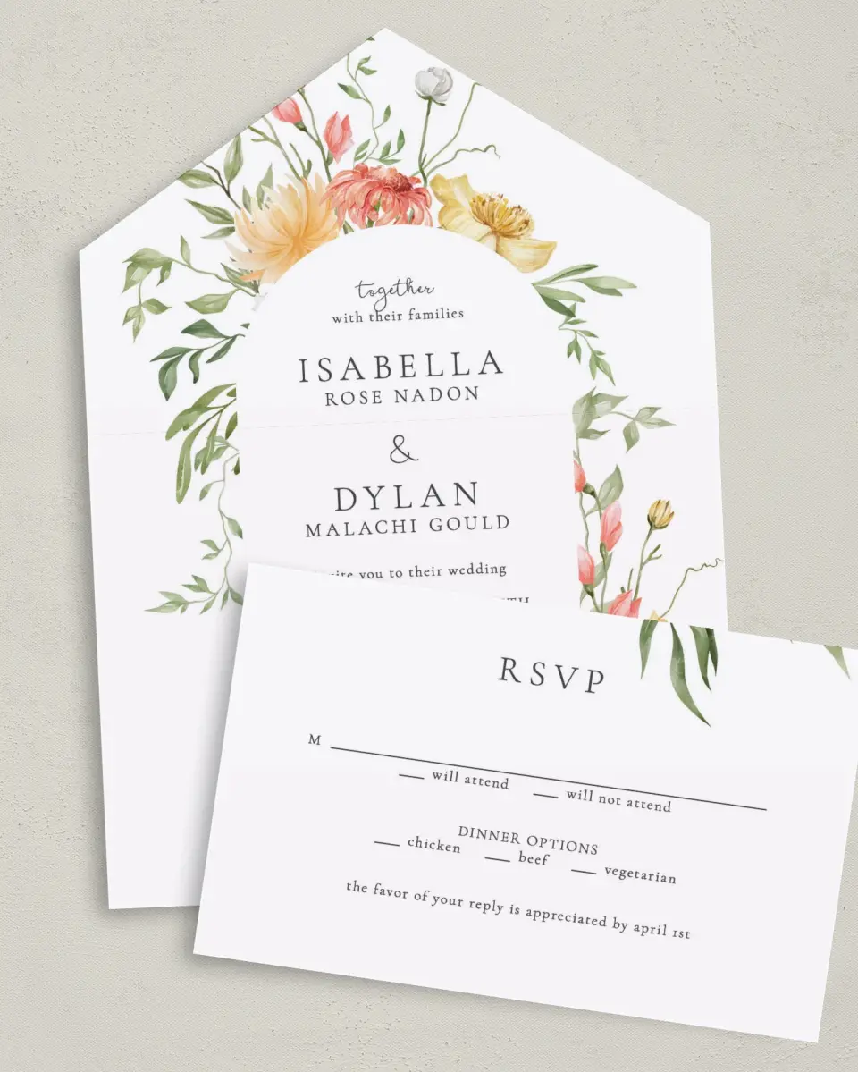 This is a 6" x 4½" All-in-One Wedding Invitation called Secluded Blooms printed in full color on Premium Smooth paper