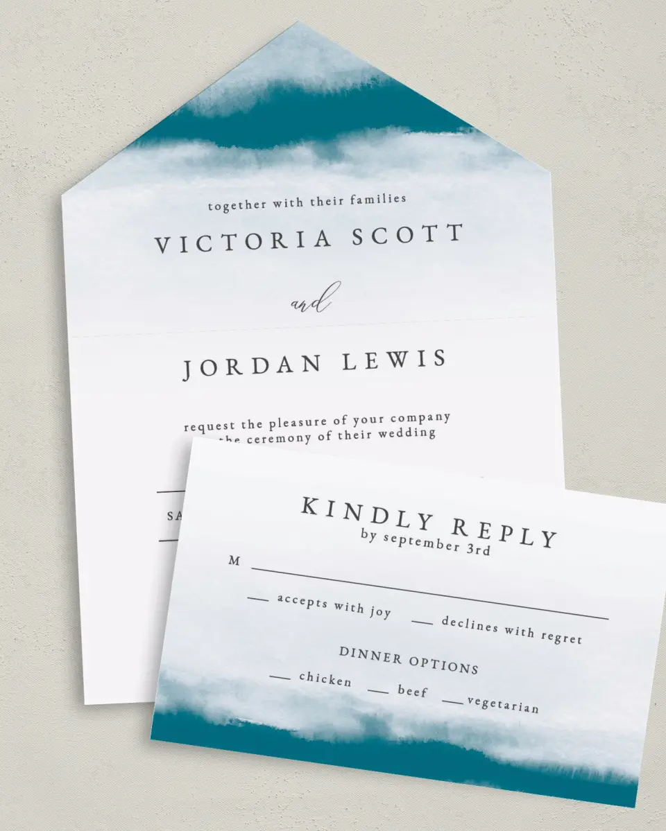 This is a 6" x 4½" All-in-One Wedding Invitation called Shore Impression printed in full color on Premium Smooth paper