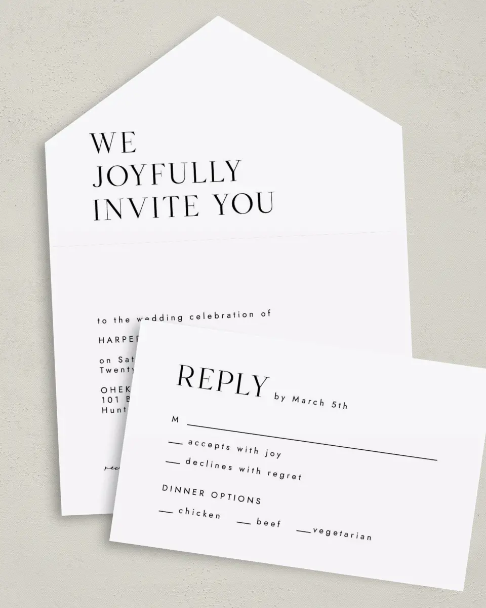 This is a 6" x 4½" All-in-One Wedding Invitation called Spacious Idea printed in full color on Premium Smooth paper