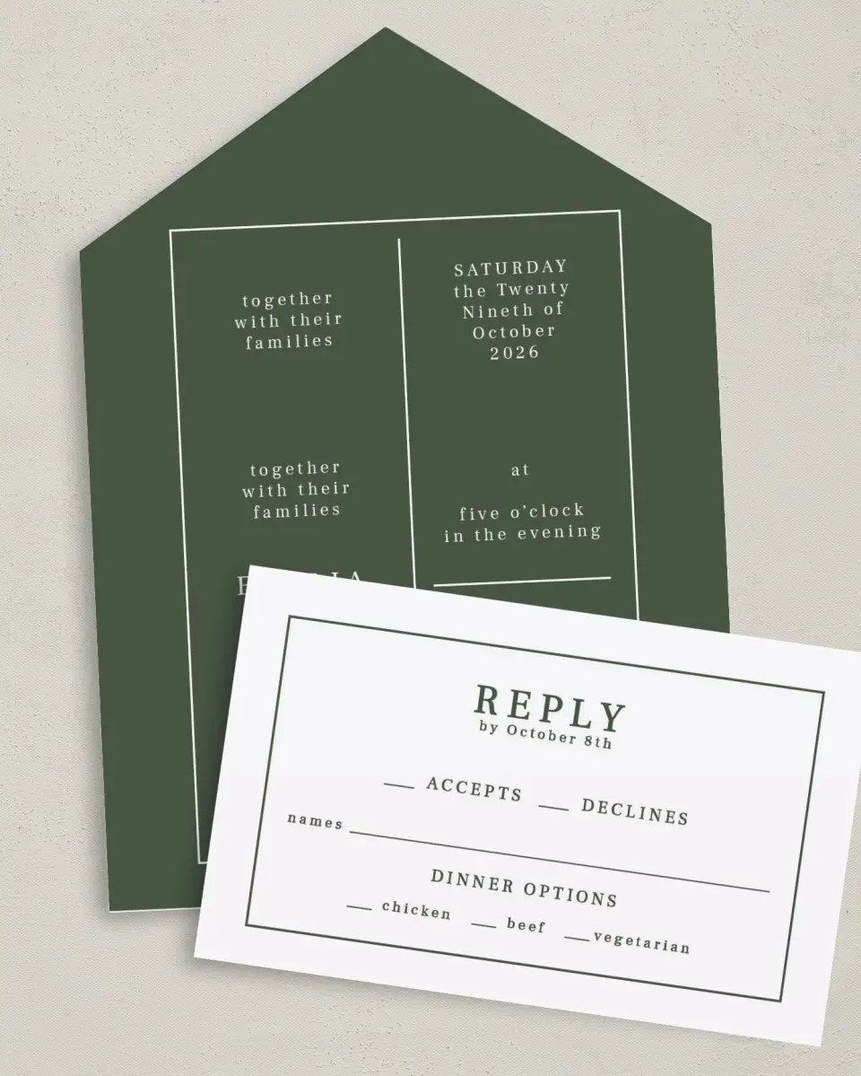 This is a 6" x 4½" All-in-One Wedding Invitation called Magnificent Margin printed in full color on Premium Smooth paper